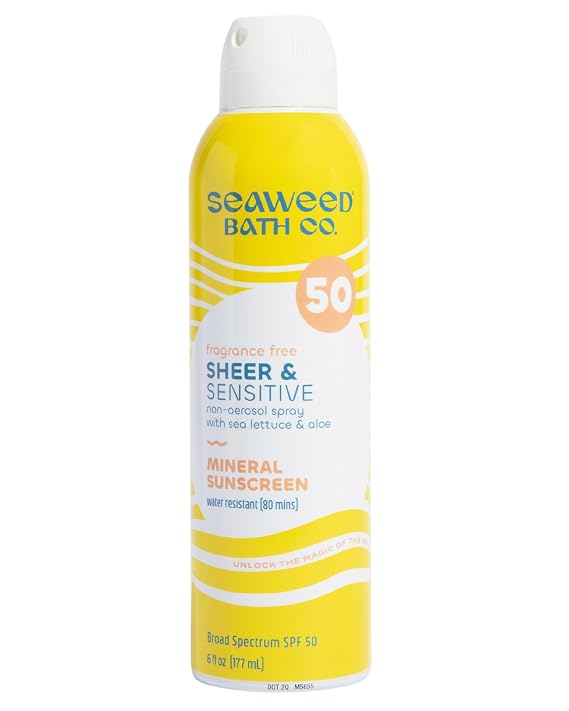 Seaweed Bath Co. Sheer Mineral Sensitive SPF 50 Broad Spectrum Sunscreen Spray - Fragrance Free, Non-Nano, Skin-Friendly Formula - 6 oz | Broad Spectrum Sunscreen Spray, Fragrance Free, Non-Nano, Skin-Friendly Formula