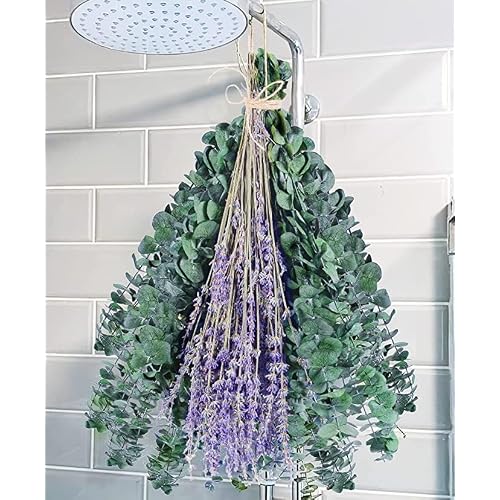 115 Pcs Eucalyptus Stems & Lavenders Flowers Bundles for Shower, 17 Upgrade Hanging Shower Plant, Natural Real Eucalyptus Leaves Lavenders Stems with Chrysanthemums, Fragrant Bathroom Decor