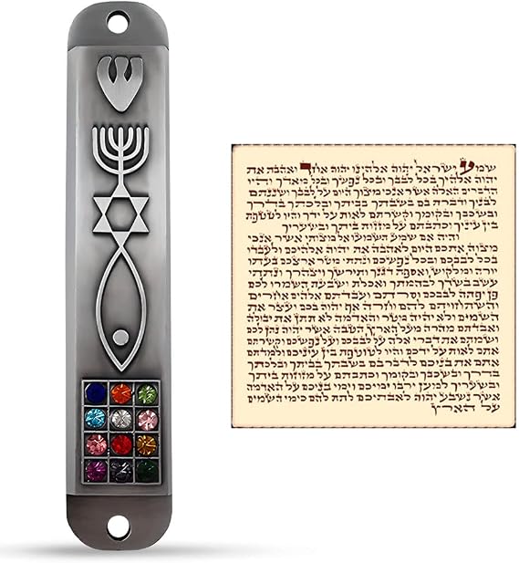 Pewter Messianic Mezuzah Case with Scroll for Door 3D Menorah Star Messianic Seal 12 Tribes of Israel 4 Inch with Hoshen Stones Priestly Breastplate Hebrew Letter Shin