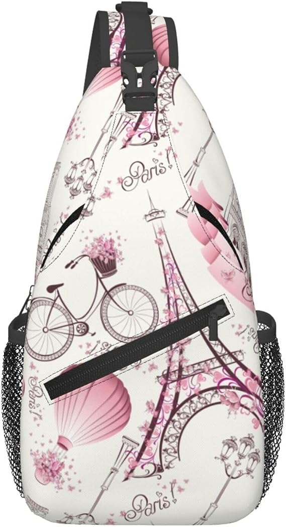 Paris Eiffel Tower Crossbody Sling Bags Paris Symbols with Pink Flowers and Hot Air Balloon Bike Casual Sling Backpack for Women Men Romantic Theme Shoulder Bag Travel Sports Hiking Daypack