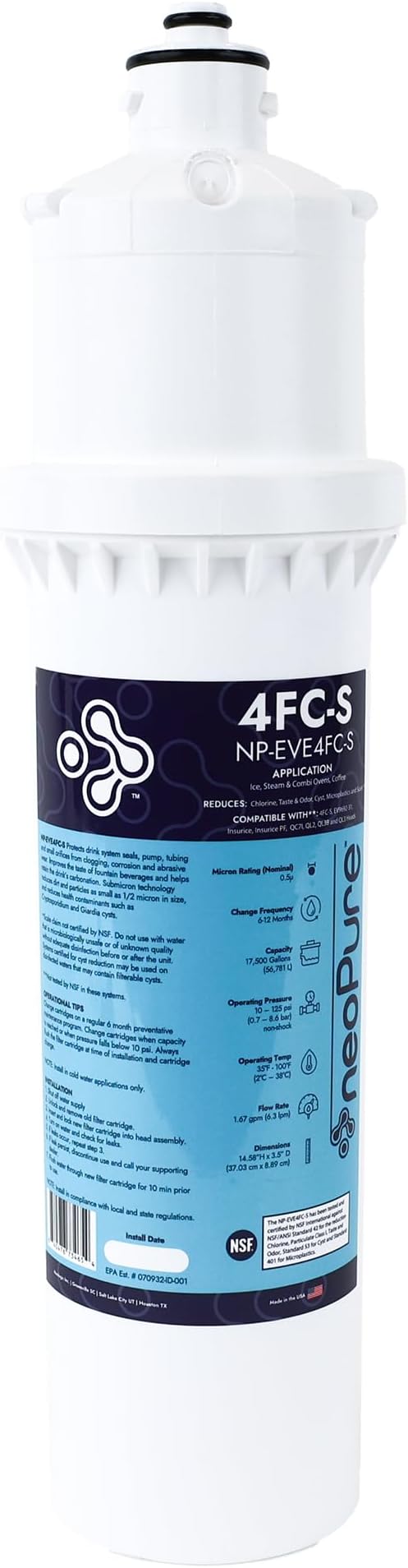 Neo-Pure 4FCS Compatible 0.5 Micron Carbon Water Filter with Scale Inhibitor, 4.5 x 20 Inches, White Plastic, Replacement Cartridge