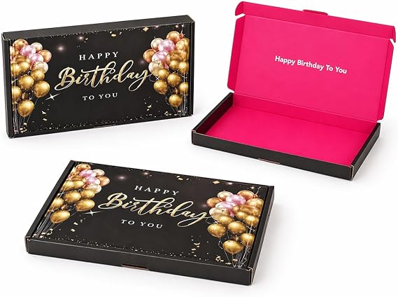 Set of 3 Black Birthday Letterbox Gift Boxes 23.5 x 16.5 x 2.2 cm, Flat Postal Gift Packaging with Happy Birthday Design, Ready-to-Fill Present Boxes for Chocolates, Sweets, Cards and Small Gifts