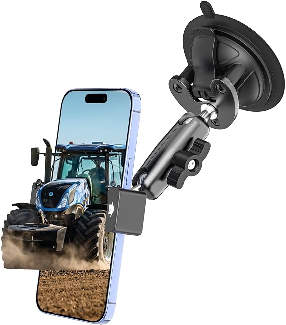 Tractor Phone Holder, Strong Suction Cup Phone Mount for Farming Machine, [360° Metal Arm & Sturdy Clip] Tractor Windshield Cellphone Cradle for iPhone, Galaxy, all 4-7 inch Smartphone