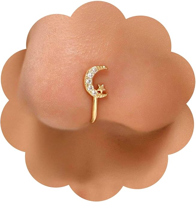 Punk Crystal Nose Ring Gold Moon Star Clip On Nose Ring Crystal Crescent Moon Nose Ring Rhinestone Moon Star Nose Ring Hoop Jewelry for Women