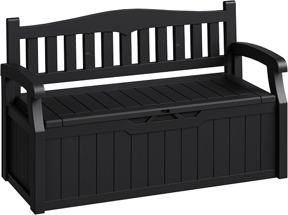 80-Gallon Outdoor Storage Bench with Lockable Lid, Dark Black | Waterproof Deck Box with Armrests for Patio, Garden and Pool
