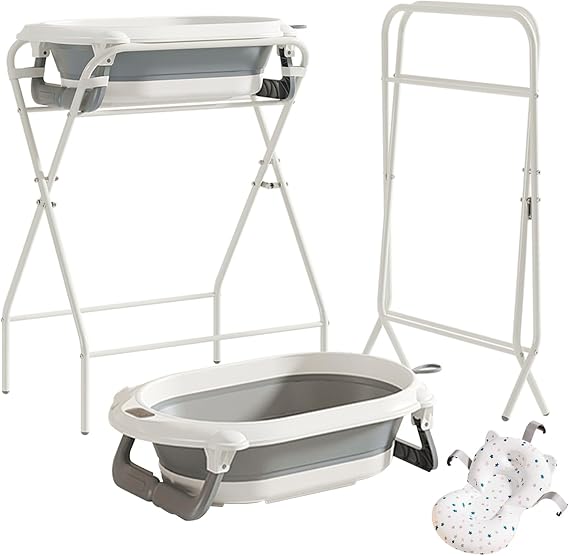 UBRAVOO Baby Bath with Stand, Baby Bathtub Foldable with Thermometer and Bath Pillow, Ergonomic Cushion and Drain Hose, Durable & Easy to Store, Best for Newborns & Babies Up to 12 Months (Grey)