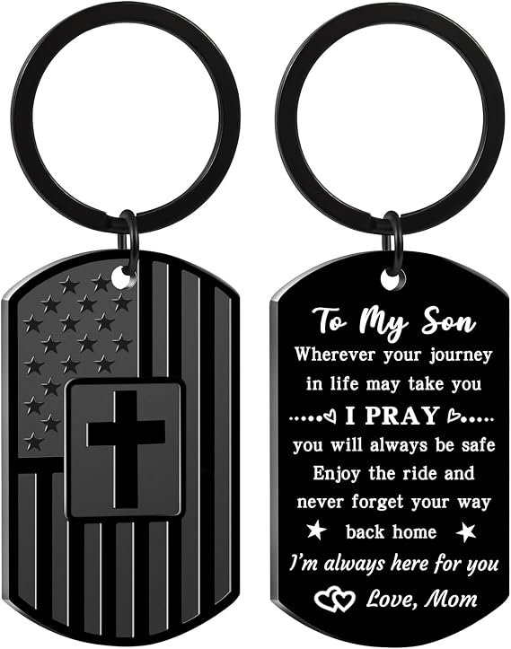Son Gifts from Mom Dad, Teen Boy Gifts, Son Birthday Christmas Valentines Day Graduation Gifts, Dog Tag Cross Keychain