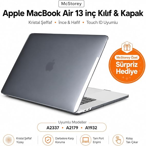 McStorey MacBook Air 13 İnç Kılıf Füme Siyah Şeffaf Kristal Desenli Koruyucu Sert Kapak A2337 M1 2020 ve A2179 2020 A1932 2018-2019 Uyumlu İnce Hafif Laptop Kılıfı