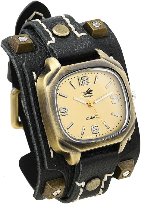 MINILUJIA Handmade Men Watches with Wax Rope Sewn Vintage Punk Hip-Hop Gothic Wide Genuine Soft Leather Cool Cuff Wristwatch Personalized Watch Square