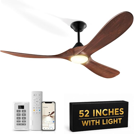 Wall Switch Outdoor Ceiling Fan with Light Remote for Patios, Wet Rated Wood 3-Blade Propeller Ceiling Fans, Smart APP, High CFM 6-Speed DC Motor for Exterior Indoor, 3 LED Glass Lamp, Walnut