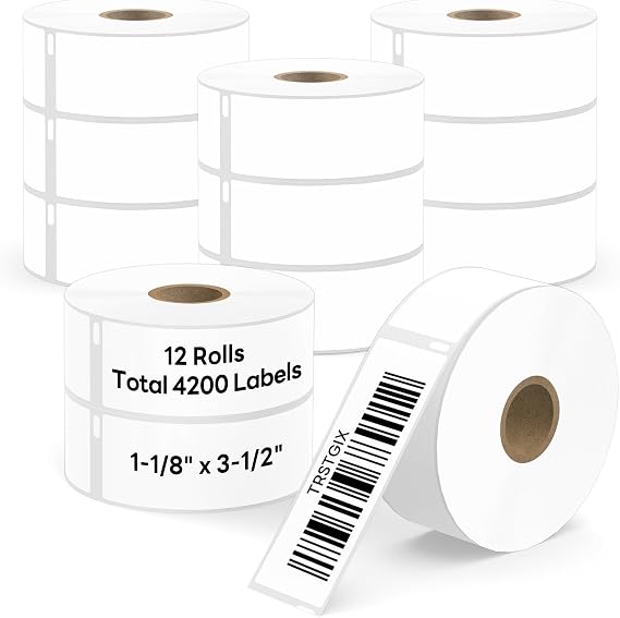 1-1/8" x 3-1/2" Direct Thermal Labels, 12 Rolls, 4,200 Labels
