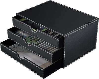 KINGFOM 33x25 cm 3-Drawer Triple Wood Structure&Leather Desk Table File Storage Box Organizer Container, Black