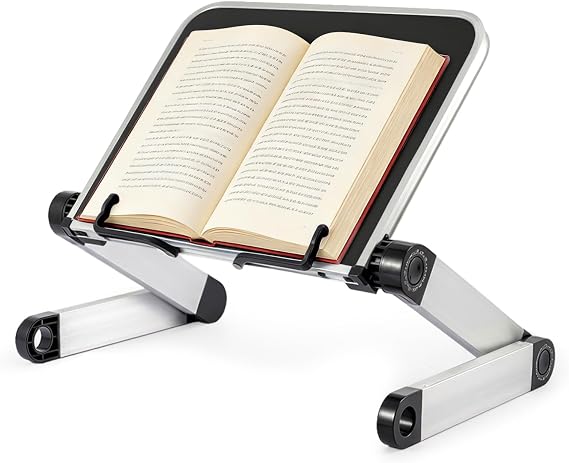 Minifactory Adjustable Book Holder Stand Lightweight Aluminum Ergonomic Reading & Cooking Book Stand with 360° Rotation for Textbooks Tablets Magazines Recipe Books Office and Home Use (Black)
