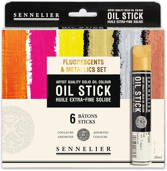 SENNELIER Oil Stick Set, Fluorescent & Metallic Colors, 6 Artist Quality Sticks, 38ml