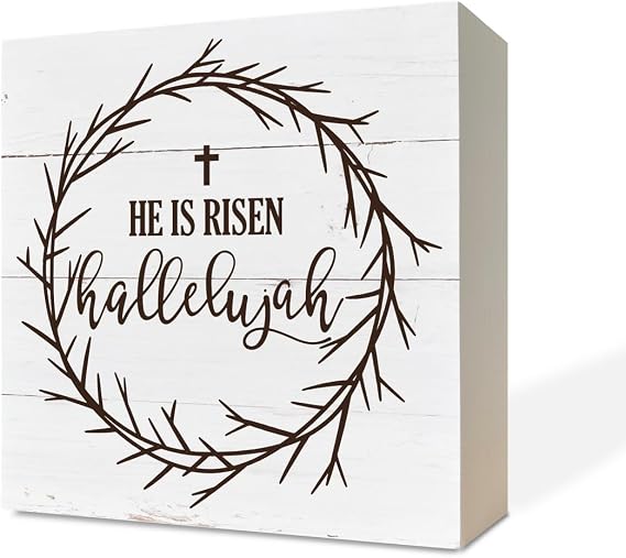 Christian Wood Sign, He is Risen, Hallelujah, Spring Decor Sign, Wooden Box Sign Desk Decor, White Wood Box Sign, Religious Home Decor, Farmhouse Decor for Shelf, Christian Decor Art