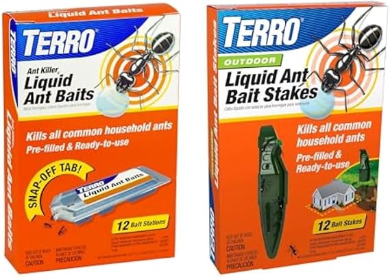 Bundle of TERRO T300B Liquid Ant Killer, 12 Bait Stations + TERRO T1813B Outdoor Ready-to-Use Liquid Ant Bait Stake Killer Trap - Kills Common Household Ants