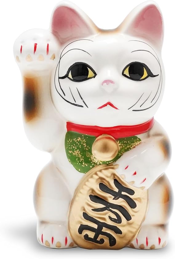 Seto-yaki Maneki Neko Piggy Bank, 6.3 inches, Hand-Painted Japanese Lucky Cat Figurine, Ceramic Money Bank for Home Decor, Fortune and Prosperity Talisman (White/Right Hand Up)
