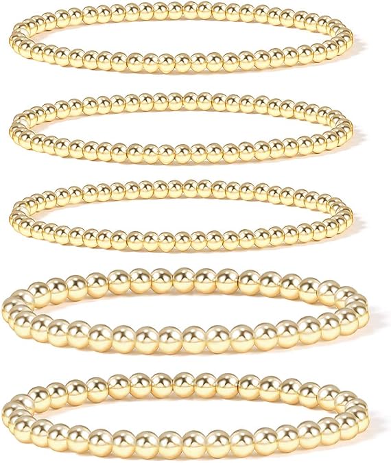 Badu Gold Plate Bead Bracelet for Women 14K Gold Plated Bead Ball Bracelet Stretchable Elastic Hypoallergenic Bohemian Stackable
