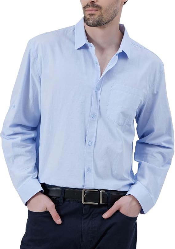 Men's Button Down Long Sleeve Linen Shirts, Blue, Medium