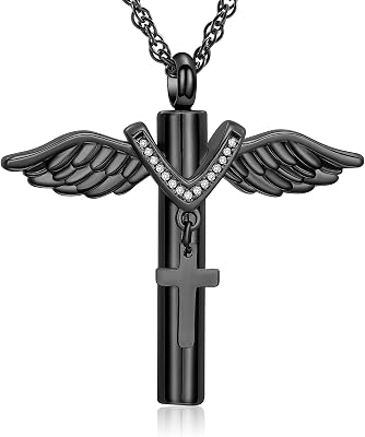 shajwo Cremation Jewelry Angel Wing Cross Urn Necklace for Ashes for Women Men Memorial Human Ashes Pendant