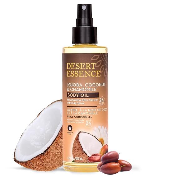 Desert Essence Jojoba, Coconut & Chamomile Body Oil Spray, 8.28 fl oz | Fast-absorbing after-shower oil delivers 24-hour moisture to soften, smooth and illuminate sensitive skin