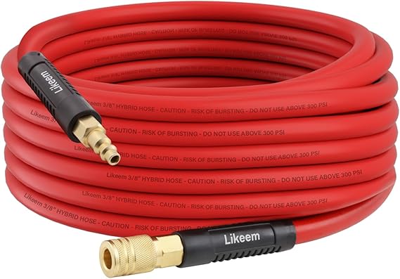 Hybrid Air Hose 3/8-Inch by 25 Feet Air compressor Hose, Heavy Duty, Lightweight, Kink Resistant, All-Weather Flexibility with 1/4-Inch Brass Male Fittings, Bend Restrictors, 300 PSI