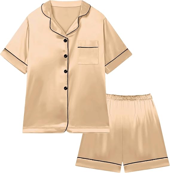 Little Boys Girls Short Satin Pajamas Set Classic Silk Pjs Toddler Kids 2 Piece Sleepwear Button-Down Short Sleeve