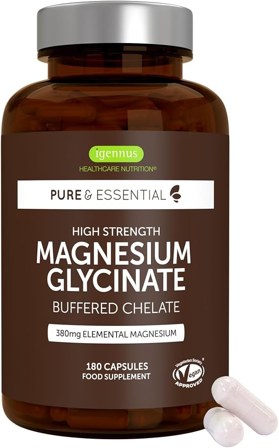 Igennus Chelated Magnesium Glycinate Pure & Clean Formula 180 Capsules | 380mg Elemental Magnesium For Sleep & Relaxation, 100% NRV Per 2 Capsules, 90 Servings, Gentle & High Absorption