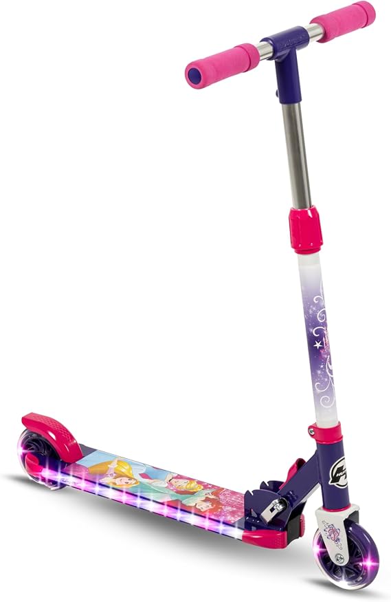 Huffy Light Up Inline Scooter for Kids, 2 Wheel Kick Scooter with LED Lights and Rear Brake, Foldable, Adjustable Handlebar on Select Models, Durable Frame, Licensed Character Graphics