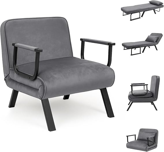Folding Sofa Bed 4-in-1 Convertible Single Sofa Chair Bed with 6-Position Adjustable Backrest and Pillow, Folding Sleeper Couch with Upholstered Seat for Living Room (Dark gray)