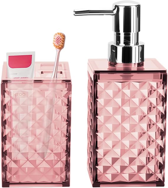 RRM Pink Bathroom Accessories Set, Soap Dispenser and Toothbrush Holder | Diamond Pattern Bathroom Set for Boho Bathroom Decor
