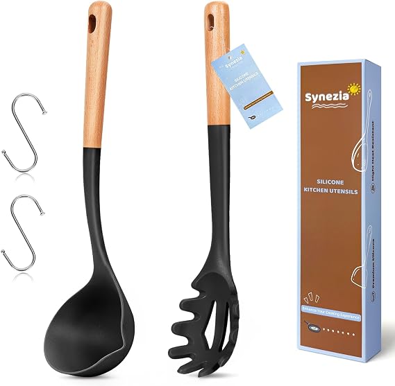 Silicone Soup Ladle Spoon, Kitchen Soup Cooking Spoons Set, Large Spaghetti spoon, Nonstick Pasta Spoon, Heat Resistant Pasta Fork for Serving Soup, Noodle, Sauce