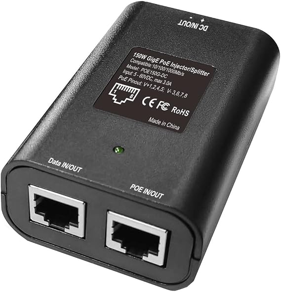 Gigabit DC PoE Injector | 12V 24V 48V (5-60V) DC Input | Max 3A 150W High Power 4 Pair Passive PoE Injector/Splitter, Compatible with Tycon Systems POE-INJ-1000-WT, POEINJ1000WT