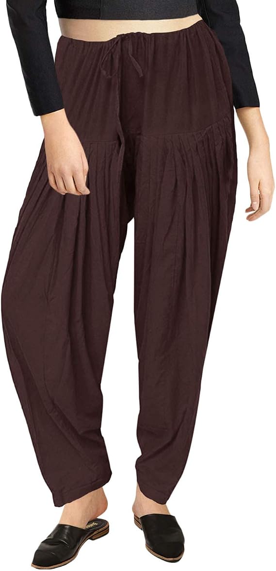 Plain Indian Women's Cotton Salwar Ethnic Adjustable Bottom Wear Solid Readymade Yoga Trouser- Kameez Kurti Tunic Brown