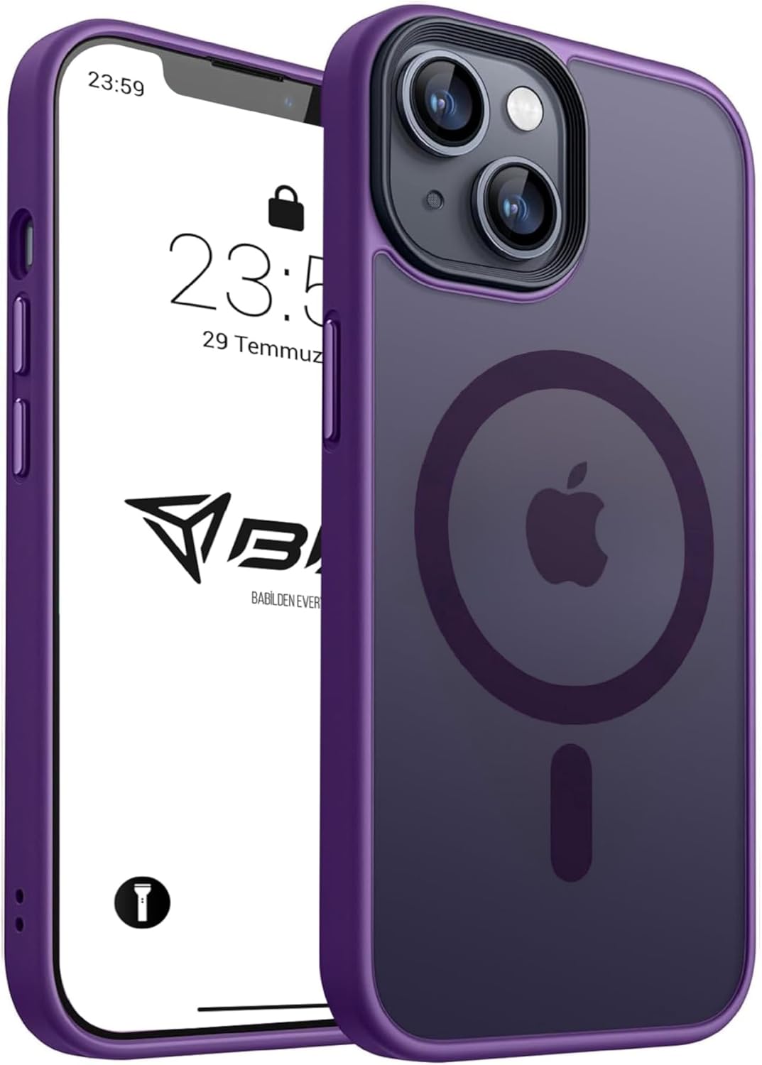 Babilden iPhone için Kılıf Kamera Korumalı Magsafe Wireless Şarj Özellikli Mat Şeffaf Renkli Kılıf (iPhone 15 Plus/14 Plus Mor)