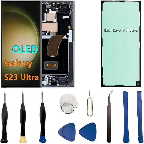 OLED Galaxy S23 Ultra LCD Screen Replacement for Samsung Galaxy S23Ultra 5G Display Touch Screen Digitizer SM-S918U SM-S918U1 Support Fingerprint S-Pen (with Green Frame+Back Cover Adhesive+Tools)