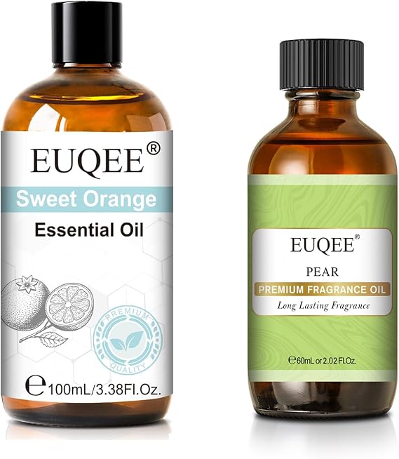 EUQEE 100ml Sweet Orange Essential Oil+ EUQEE 60ML Pear Fragrance Oil for Soap Candle Making, Diffusers, Aromatherapy