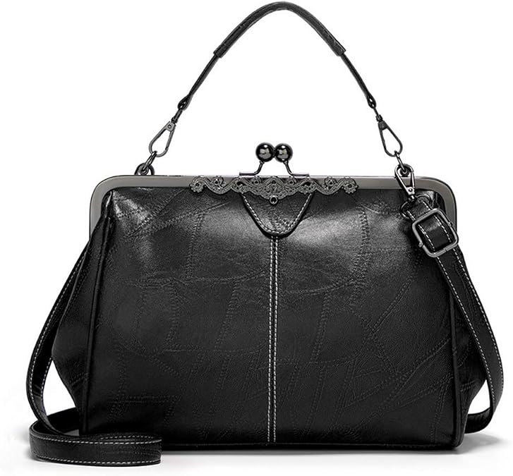 Segater Women Retro Hollow Oil Wax PU Leather Handbag Kiss Lock Crossbody Purse Vintage Messenger Bag Tote