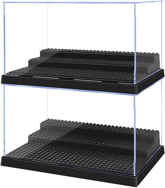 Pokiiulk Display Cases for Minifigures, 2 Mini-Figure Display Boxes Fits for Block Figures, Minifigures Cases with 3 Removable Stands Fits for 95% Minifigs, Characters, L, Black