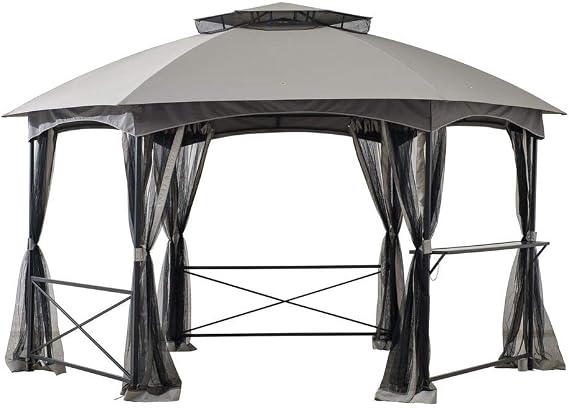 Sunjoy 15x15 ft. Soft Top Gazebo, Hexagon Steel Framed Patio Outdoor Backyard Gazebo with 2-Tier Dome Roof, Netting, Ceiling Hook, and Bar Shelf, Gray
