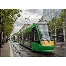 500Pcs Puzzle Modern City Tram Puzzle Green Yellow Urban Street with Trees Glass Office Building Pedestrians Overcast Wet Ground Scene Family Game Home Decor 14.9X20.4 Inch