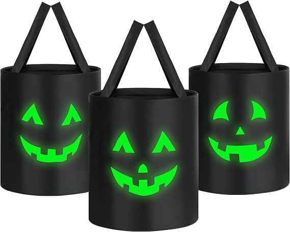 3Pcs Luminous Halloween Trick or Treat Bags for Kids Collapsible Reusable Candy Basket Glow in The Dark Canvas Candy Bucket Halloween Party Gifts