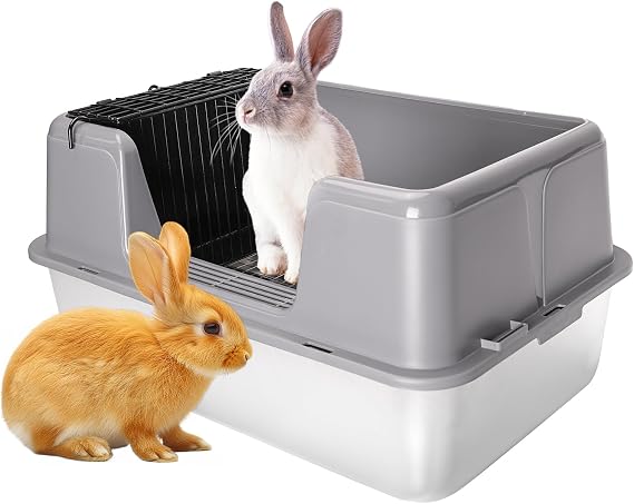 L Rabbit Litter Box, 23.6" L x 15.7" W x 12.4" H Stainless Steel Rabbit Litter Box with Lid, Hay Feeder with Hooks, Footed Metal Grid, Easy to Clean for Medium and Large Rabbits