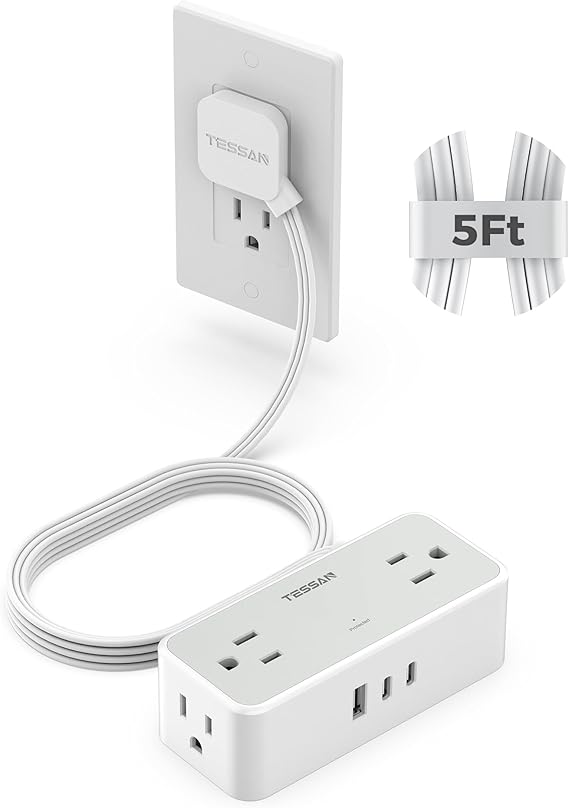 TESSAN Extension Cord 5 FT, Power Strip with 900J Surge Protection, Grey | 4 AC Outlets 2 USB C and 1 USB A Ports, Flat Plug, Multiple Wall Outlet Extender Suitable for Office Dorm