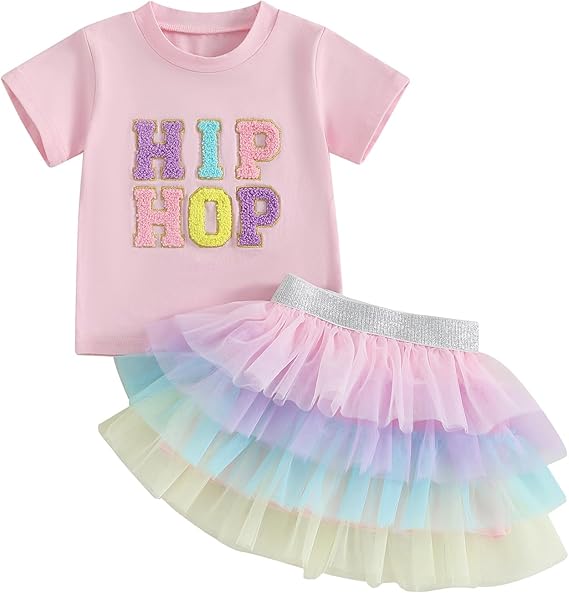 Kids Toddler Baby Girl Easter Outfits Letter Short Sleeve T-Shirt Tops Layered Tulle Tutu Skirt Set Summer Outfit