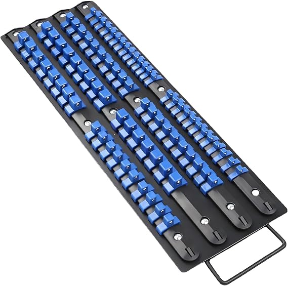 80 Socket Organiser Rack with Holder for 1/4, 3/8, 1/2 inch Tool Trays, Sturdy Socket Managers with Handle, Black Rails with Blue Socket Holders for Professional and DIY Use