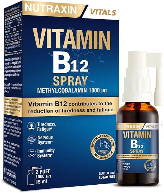 Nutraxin Vitamin B12 Spray 1000 µg Methylcobalamin, High Absorption, Vegan Compatible, Oral Supplement Food, 15 ml