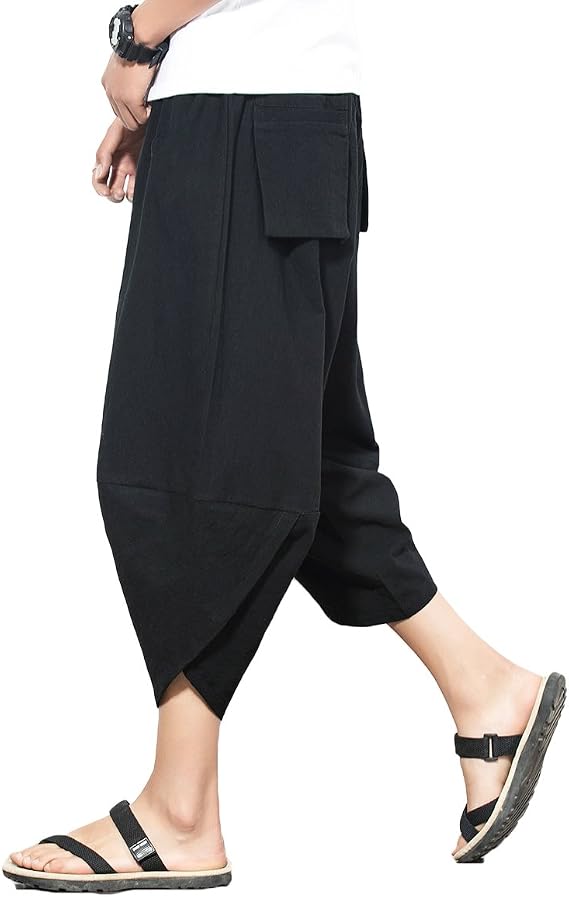 INVACHI Men's Harem Capri Pants Elastic Waist Loose Fit Drawstring Beach Yoga Trousers with Pockets