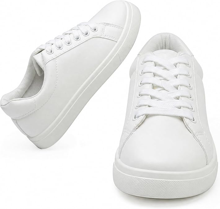 Womens White Sneakers PU Leather Tennis Shoes Lace Up Casual Walking Shoes for Women