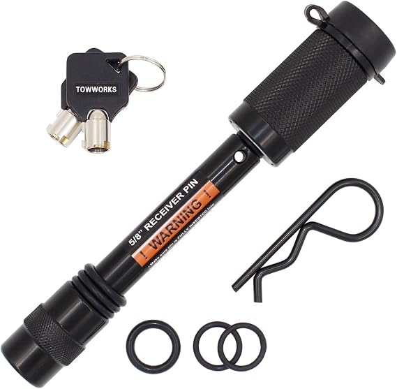 TowWorks 79631 Keyed Unique 5/8" Trailer Hitch Lock with Extra Long 3-1/4" Span, Double Safety Tow Hitch Receiver Locking Pin for Class III IV Hitches with 2" and 2.5" Receivers
